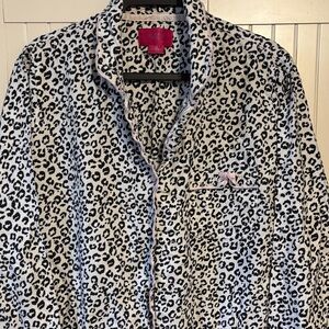 Victoria's Secret Black and White Leopard Print Pajama Top with Pink Bow